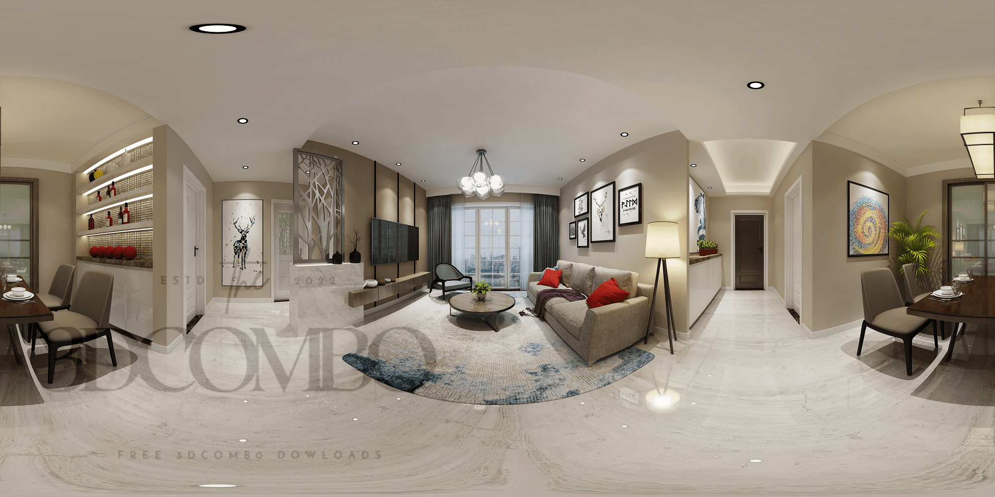 3D Model Living Room – Kitchen Interior Design Free Download H01