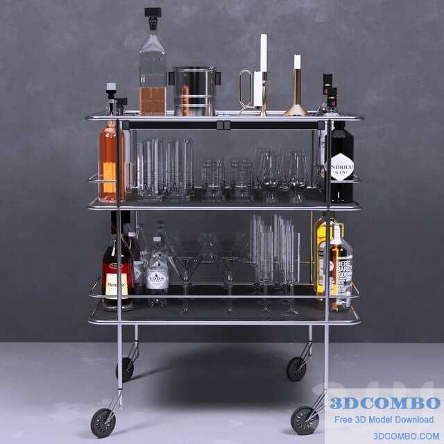 A table with alcohol and a crystal service. Wine