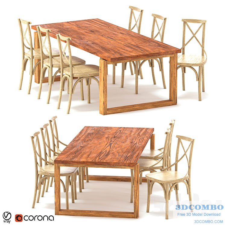 ODGER Table and 6 Teak Cross Back Dining Chair